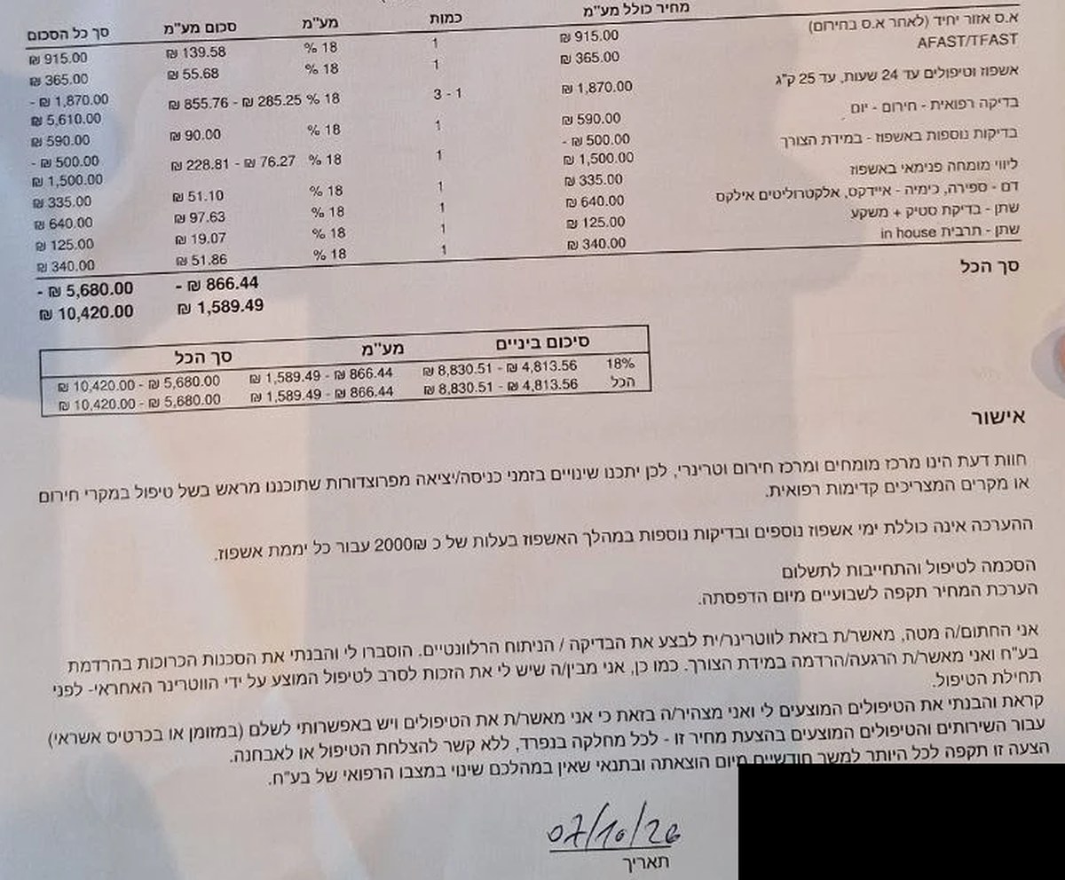 טופס הסכמה לטיפול והתחייבות לתשלום של חוות דעת מתאריך 7.10.2026, עם הערכת מחיר של 5,680 עד 10,420 שקלים